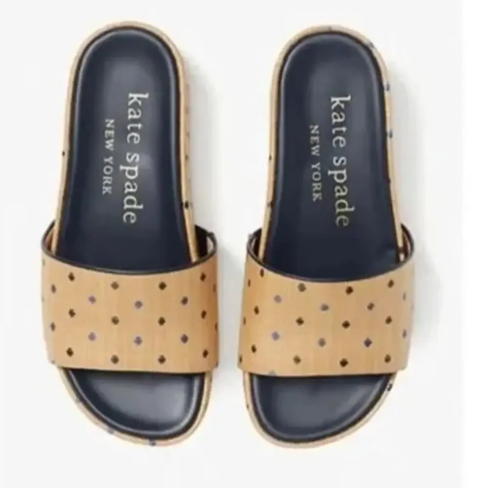 Kate Spade New York Breeze Platform Slide Sandals Size 8.5 Tan Blue Brown - Picture 2 of 11